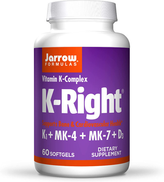 Jarrow Formulas K-Right - 60 Softgels - Bone & Cardiovascular Health Support - Contains Vitamin D3 & Three Forms of Vitamin K Including MK-7 - 60 Servings