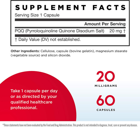 Jarrow Formulas PQQ 20 mg - 60 Capsules - Promotes Mitochondrial Biogenesis - Supports Heart & Brain Health - 60 Servings