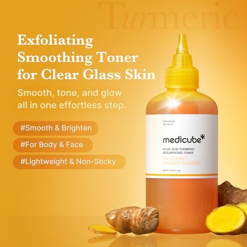 Medicube Kojic Acid Turmeric Smoothing Toner For Face & Body Lightweight Toner For Balancing Uneven Skin Tone & Texture Niacinamide Glycolic Acid For Clear Glass Skin 8.45 Fl.Oz