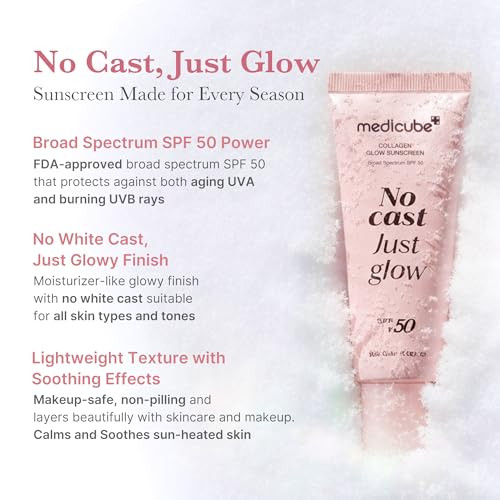 Medicube No Cast Just Glow Collagen Sunscreen Spf 50 Broad Spectrum Face Sunscreen Lightweight Non-Sticky Hydrating Formula Peptide Cica For Soothing & Glow Stocking Stuffers For Women