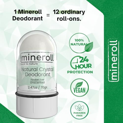 Mineroll Natural Crystal Deodorant Stone Vegan & Cruelty- Deodorant For Women And Men Unscented 24 Hour Protection Non-Staining No White Marks