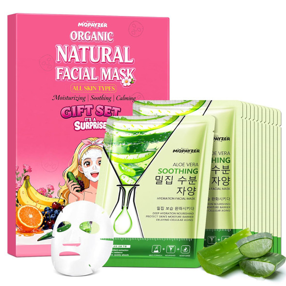 Mopayzer 12Pcs Aloe Vera Face Masks Skincare Set For Moisturizing Face Mask Skin Care Sheet For Dry & Sensitive Skin Bulk Aloe Face Masks With Effective Extract Premium Facial Skincare For Hydrating
