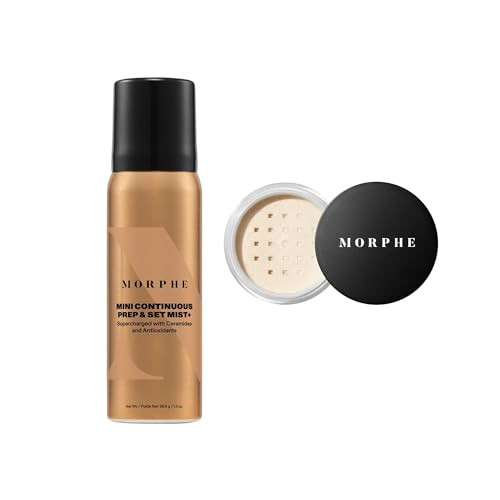 Morphe Mini Continuous Prep & Set Hydrating Face Mist (1.3 Oz) + Mini Bake & Set Translucent Setting Powder Duo - Lightweight Talc- Finishing Powder (.09 Oz)