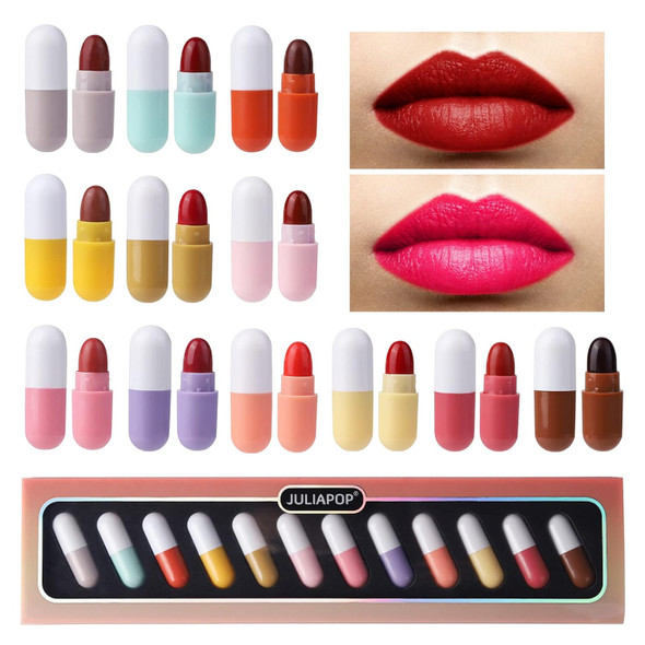 Novobey 12 Pcs Mini Capsule Lipstick Set Cute Capsule Long Lasting Non-Stick Cup Lipstick 12 Colors Mini Capsules Lipstick Velvet Matte Lipstick Set (12 Colors)