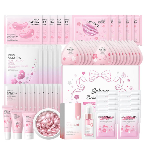 Novobey 60Pcs Sakura Skin Care Set Japanese Cherry Blossom Sets For Women Girls Facial Kit Daily Care All In One Set Travel Kit For Women Girls Birthday Mother'S Day S (60Pcs Sakura Skincare Set)