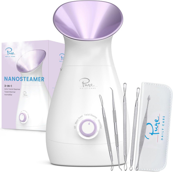 Pure Daily Care Nanosteamer Large 3-In-1 Nano Ionic Facial Steamer With Precise Temp Control - Humidifier - Unclogs Pores - Blackheads - Spa Quality - Bonus 5 Piece Stainless Steel Skin Kit (Teal)