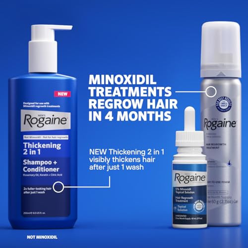 Rogaine For Men 5% Minoxidil Foam For Hair Regrowth Topical Hair Loss Treatment 3 Month Supply 3 Bottles + Rogaine For Men Thickening 2 In 1 Shampoo + Conditioner Not Minoxidil 8.4 Fl. Oz