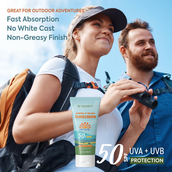 Vigority Beef Tallow Sunscreen With Zinc Oxide: Natural Non-Toxic Spf 50 Tallow Sunblock Cream For Face & Body - With 10 Food-Grade Botanical Extracts - Kids & Sensitive Skin Safe Water-Resistant - 3.4 Fl Oz