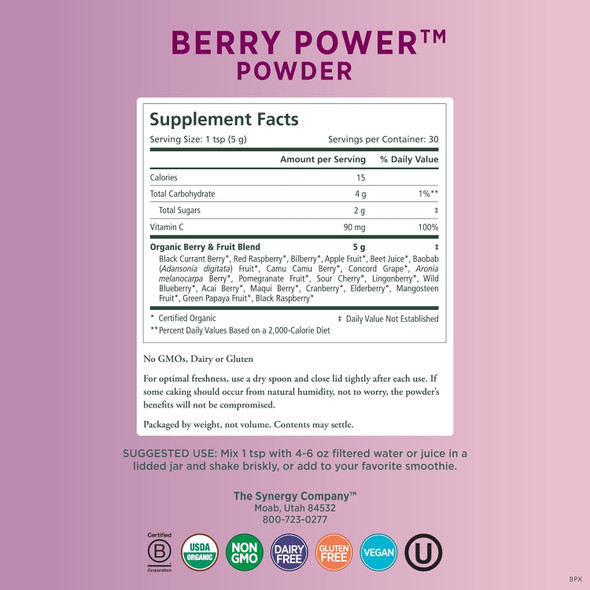 Pure Synergy Berry Power | 5.3 Oz Powder | Usda Organic | Non-Gmo | Vegan | With 20 Antioxidant-Rich Fruits And Berries