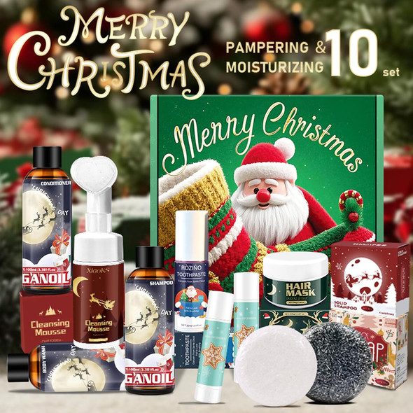 Xiaoks Christmas 10-Piece Bath & Body Care Set - Includes Shampoo Conditioner Body Wash Cleansing Mousse Toothpaste Lip Balm Hair Mask & More Festive Xmas For Self-Care & Ing (10Pcs)