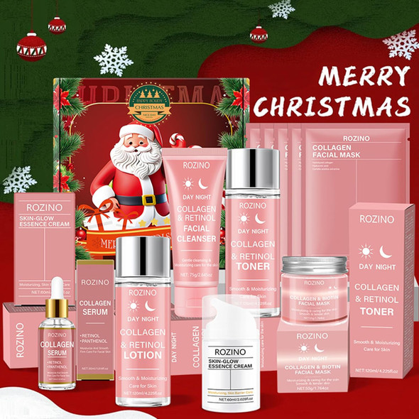 Xiaoks Christmas Collagen & Retinol Skincare Set - Complete 10+ Piece Kit With Cleanser Toner Lotion Serum Essence Cream Facial Masks - Moisturizing Smoothing For Day & Night Festive (7Pack)