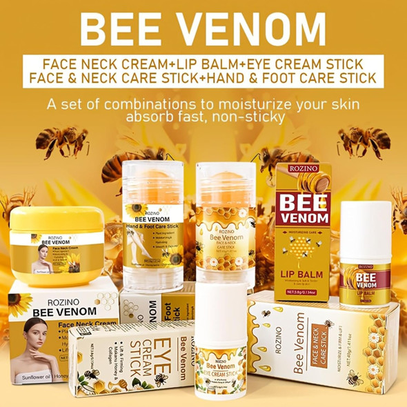 Xiaoks Bee Venom Skincare Set - 5-Piece Kit With Face & Neck Cream Lip Balm Eye Cream Stick Face/Neck Care Stick Hand & Foot Care Stick - Fast-Absorbing Non-Sticky Moisturization (5 Count 5)