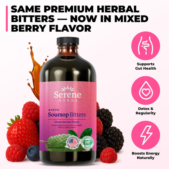 Serene Herbs Soursop Bitters Liquid - Organic Herbal Sour Sop Guanabana with Black Seed, Moringa, Irish Moss & Ginger – Gut Support, Energy & Immune Boost – Vegan, Non-GMO – Mixed Berry Flavor – 16 oz