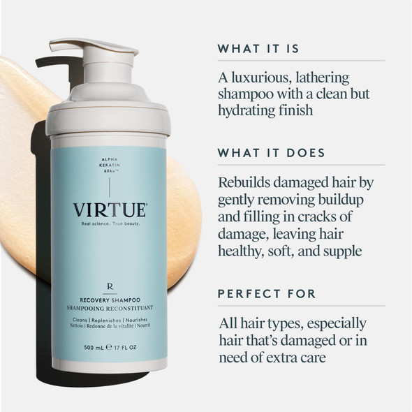 VIRTUE Recovery Sulfate Free Shampoo with Keratin and Baobab Seed Oil for Damaged Hair Color Safe- 17 Fl Oz