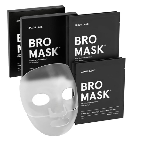 JAXON LANE BRO MASK Premium Korean Face Mask for Men (4 Pack) - Anti Aging Sheet Masks w/Hydrogel Vitamin C Hydrolyzed Collagen & Hyaluronic Acid - Perfect Skin Care Stocking Stuffers for Men