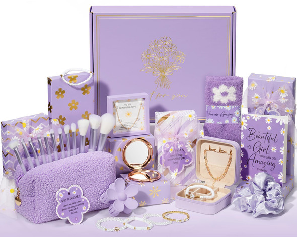 Qinline Valentine's Day Gifts for Tween & Teen Girls - 8 PCS Birthday Gift Basket Teenage Girl Trendy Stuff w/ Fun Task Tags Makeup Brushes & Bag Empower Wrapped Gift Box Stocking Stuffers for Daughter Niece