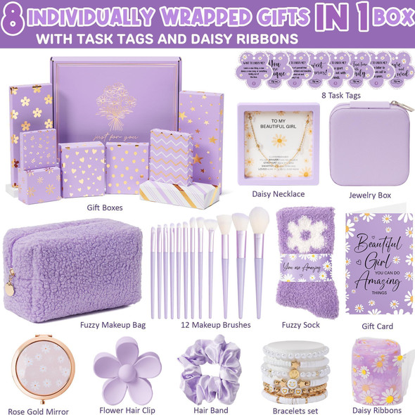 Qinline Valentine's Day Gifts for Tween & Teen Girls - 8 PCS Birthday Gift Basket Teenage Girl Trendy Stuff w/ Fun Task Tags Makeup Brushes & Bag Empower Wrapped Gift Box Stocking Stuffers for Daughter Niece