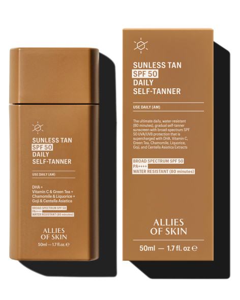 Allies of Skin Daily SPF 50 Daily Self Tanner for Face | Buildable Natural Tan with Sunscreen and Vitamin C | Lightweight Gel Formula for Streak-Free Finish and Glow (1.7 Fl oz)