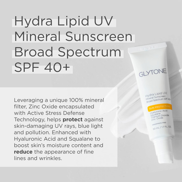 Glytone Hydra Lipid UV Mineral Sunscreen | Broad Spectrum SPF 40+ Daily Face Sunscreen | Hydrating Sunblock With Hyaluronic Acid Squalane Titanium Dioxide & Zinc Oxide | 1.7 fl. oz