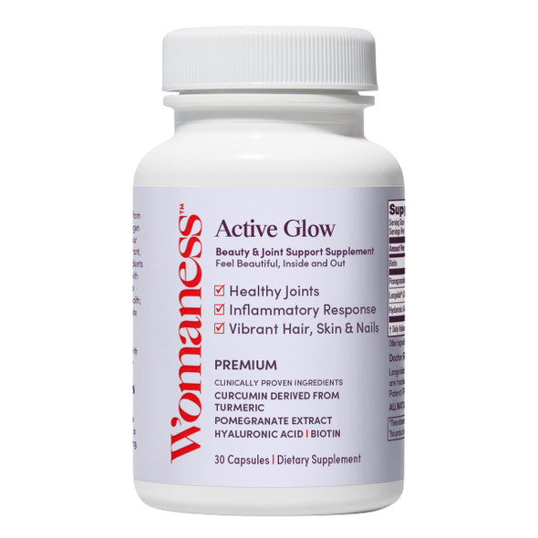 Womaness Active Glow Hair Skin and Nails Vitamins - Biotin Longvida Curcumin & Hyaluronic Acid Supplements for Joint Health Dry Skin & Thinning Hair (30 Capsules)