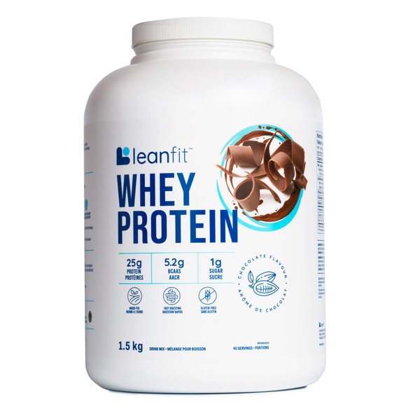 LEANFIT WHEY PROTEIN Natural Chocolate – 100% Whey Protein Powder 25g Protein Per Serving – Grass-Fed Gluten-Free BCAAs Amino Acid - 45 Servings 1.5kg Tub