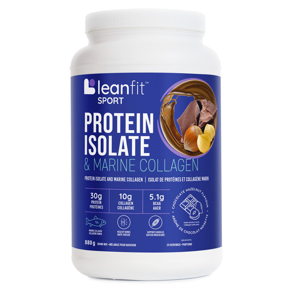 LEANFIT SPORT PROTEIN ISOLATE & MARINE COLLAGEN Chocolate Hazelnut Grass-Fed Protein Isolate and 100% Hydrolyzed Marine Collagen Powder (Type I, III) 30g Protein and 10g Collagen Per Serving 24 Servings 880g Tub