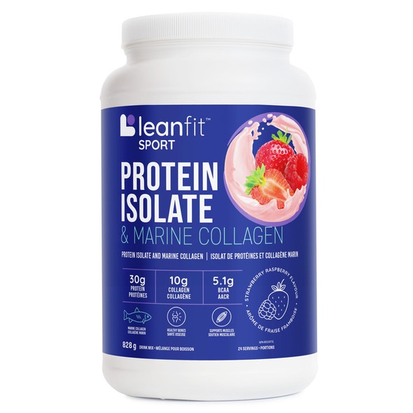 LEANFIT SPORT PROTEIN ISOLATE & MARINE COLLAGEN Strawberry Raspberry Grass-Fed Protein Isolate and 100% Hydrolyzed Marine Collagen Powder (Type I, III) 30g Protein and 10g Collagen Per Serving 24 Servings 828g Tub