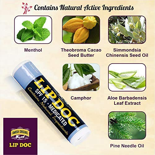 Amish Origins SPF 15 Medicated Lip Doc Balm - All Natural Ingredients Deep Moisturizing Potent Formula for Chapped and Cracked Lips All Refreshing Essential Oils 3 Pack