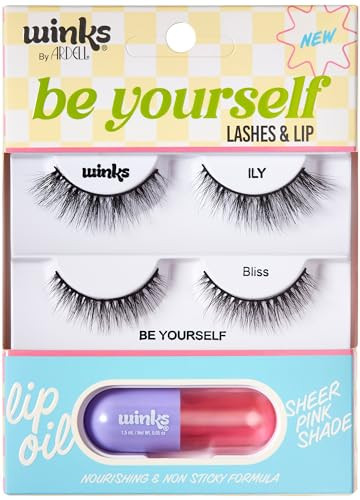 Ardell Winks Be Yourself Lashes & Lip Kit – Includes ILY & Bliss Natural False Eyelashes + Lip Oil Dual Lash Kit and Lips Enhancer Easy Glam Makeup  Set 1 Pack