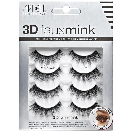 Ardell 3D Faux Mink Lashes False Eyelashes 852 - Fluffy Volume Strip Wispy Lashes for a Natural Glam Look 4 Pairs