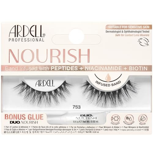 Ardell Nourish Lashes 753 – Wispy Natural False Eyelashes with Peptides & Biotin Infused Band Lash Glue Included Fluffy Strip Lashes for Sensitive Eyes