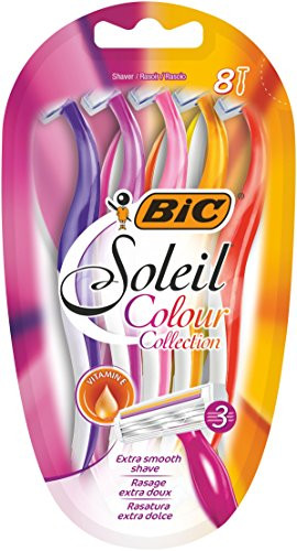 BIC Miss Soleil Colour Collection 3-Blade Razors for Women with Easy Grip Handle and Lubricating Strips Pack of 8
