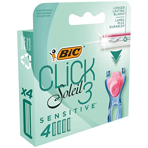 BIC Click 3 Soleil Sensitive Women's Razor Refills 3 Moveable Blades and Lubricating Strip - Box of 4 Cartridges