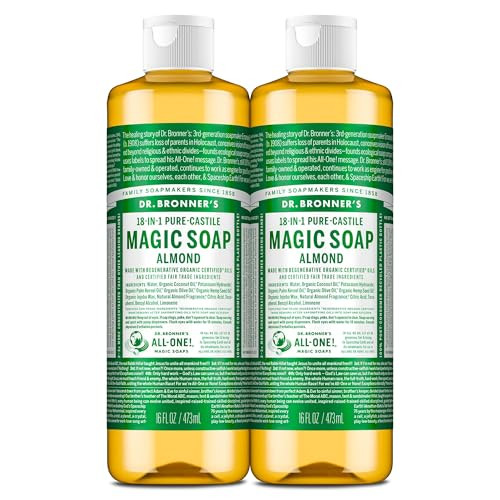 Dr. Bronner's Pure-Castile Magic Liquid Soap (Almond 16 Ounce 2-Pack)- Made with Regenerative Organic  Oils 18-in1 Uses: Face Hair Hand & Body Soap Laundry Pets- Concentrated Vegan
