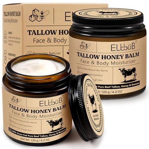 ELBBUB Whipped Tallow Cream for Face & Body - 100% Grass-Fed Beef Tallow Natural Honey & Beeswax Moisturizer Deep Hydration & Nourishment Oil- & Unscented Fast Absorbing