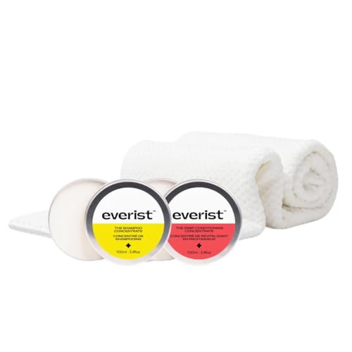 Everist The Healthy Hair Starter Kit Tins: The Shampoo and The Deep Conditioner Concentrate Tins 3.4 fl oz The Quick-Dry Hair Towel 50+ uses