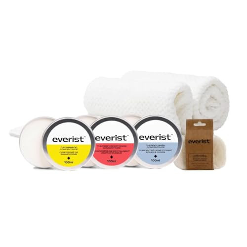 Everist The Hair & Skin Hydration Essentials Tins: The Shampoo Concentrate The Deep Conditioning Concentrate The Body Wash Concentrate The Quick-Dry Hair Towel and the Compostable Konjac Sponge