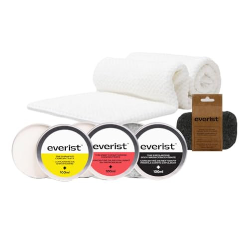 Everist The Hair Hydration & Skin Smoothing Essentials Tins: Shampoo Concentrate Tin Deep Conditioning Concentrate Tin Exfoliationg Body Wash Tin Exfoliating Konjac Sponge and Quick-Dry Hair Towel