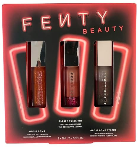 FENTY BEAUTY Glossy Posse VIII 3-Piece Lip Luminizer Set  Shades Fenty Glow Fantasy Sugar Plumz Spiked Hot Chocolit  3 x 0.3 Fl Oz