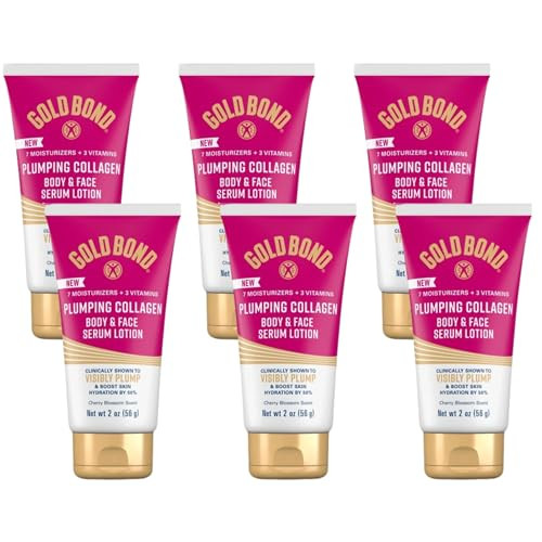 Gold Bond Plumping Collagen Body & Face Serum Lotion Lightweight Hydrating Moisturizer with Collagen Peptide Complex Jojoba & Grapeseed Oils to Visibly Plump Skin Cherry Blossom Scent 2 oz 6 pack