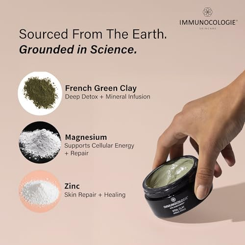 IMMUNOCOLOGIE Vital Clay Mask - Deep Pore Cleansing Ultra Creamy Face Mask with Salicylic Acid and 12 Essential Minerals from Montmorillonite Kaolin and Illite Clay Extract - 3.4 oz/100 ml