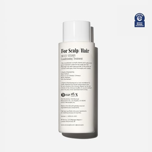 Nécessaire The Conditioner. Fragrance-. Hydrating Treatment For Scalp + Hair. Hyaluronic Acid. Hypoallergenic. Dermatologist-Tested. Non-Comedogenic. No Silicones. 250 ml / 8.4 fl oz