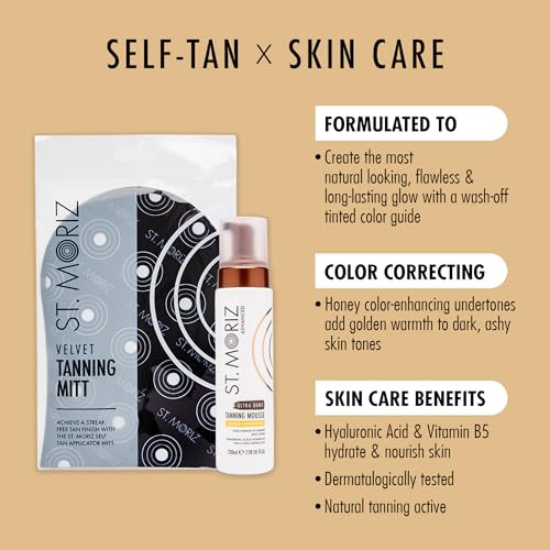 ST. MORIZ Advanced Color Correcting Self Tanner Mousse in Ultra Dark with Tanning Mitt Bundle - Instant Self Tanning Foam for Face & Body - With Hyaluronic Acid & Vitamin B5 (7.78 fl oz)