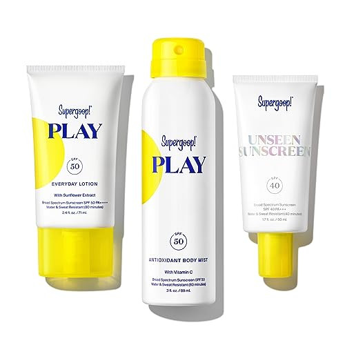 Supergoop Travel Kit - Includes PLAY Everyday Lotion (2.4 oz) + Unseen Sunscreen (1.7 oz) + PLAY Antioxidant Body Mist (3 oz) - Broad Spectrum Sunscreen Recommended for Sensitive Skin