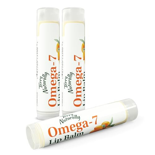 Terry Naturally Omega 7 Lip Balm - Hydrating Lip Care for Dry & Cracked Lips - Moisturizing Lip Balm with Organic Beeswax & Coconut Oil - Sea Buckthorn Seed Oil for Soothing Lip Care - 3 Pack