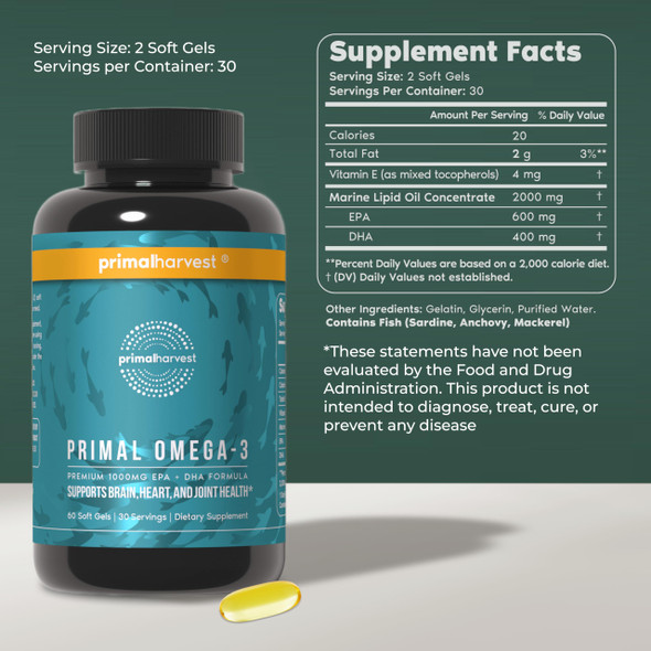 Primal Harvest Omega 3 Fish Oil Supplements, 30 Servings Soft Gels Capsules w/ 1000mg EPA + DHA Supplements, No Fishy Burps Non-GMO Omega 3 Fatty Acid - 60 Softgel