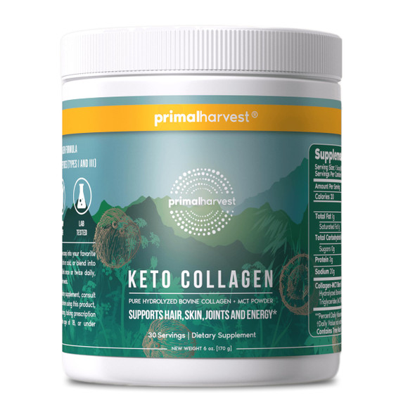 Primal Harvest Keto Collagen Powder with MCT Oil Hydrolyzed Collagen Peptides 10 oz Unflavored Paleo & Keto Friendly Protein Supplement - 6 Oz