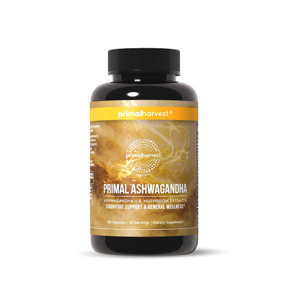 Primal Harvest Ashwagandha Supplement with 5 Mushroom Extracts: Lion’s Mane, Reishi, Cordyceps, Turkey Tail & Maitake for Immune Support & Cognitive Health - 60 Capsule