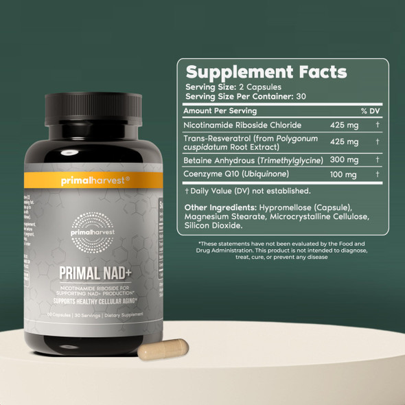 Primal Harvest NAD+ Supplement: Nicotinamide Riboside, Trans-Resveratrol, Betaine, CoQ10, NAD Supplements for Cellular Health, Energy, and Mitochondrial Support (60 Count (1 Pack)