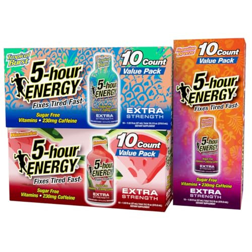 5Hour Energy Extra Strength Shots Variety Pack 30 Count (1.93 Fl Oz) Tropical Burst Hawaiian Breeze Watermelon Flavors